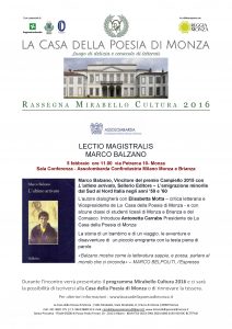 Mirabello Cultura Lectio Magistralis Marco Balzano Locandina. Clicca per PDF