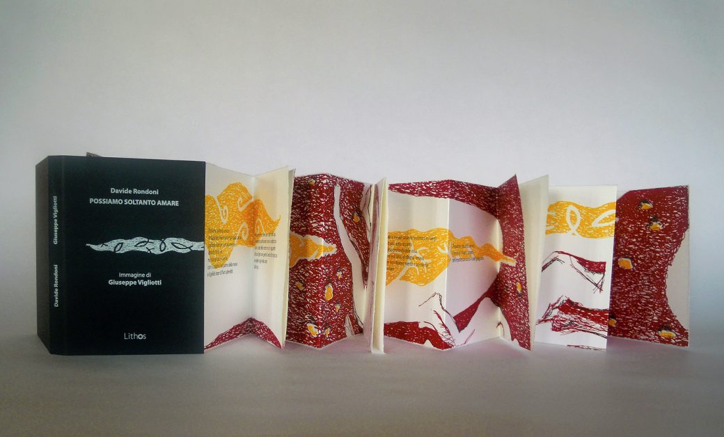 Libro d’artista composto da una poesia di Davide Rondoni con serigrafia a colori di Giuseppe Vigliotti e testo critico di Elisabetta Motta. La stampa su carta Graphia è stata curata dall’artista. Edizioni Lithos, Como, 2010. Formato 8,5 x 12,5