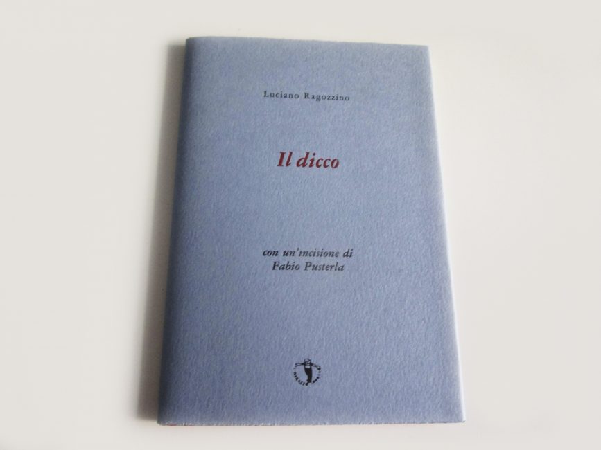 Libro d’arte con una poesia di Luciano Ragozzino, acquaforte di Fabio Pusterla e una avvertenza All’ignaro lettore di Elisabetta Motta. Stampato tipograficamente a mano con caratteri Garamond su carta Hahnemühle in 77 esemplari numerati e firmati. Edizione Il Ragazzo innocuo, 2014. Formato 20x13,5 cm